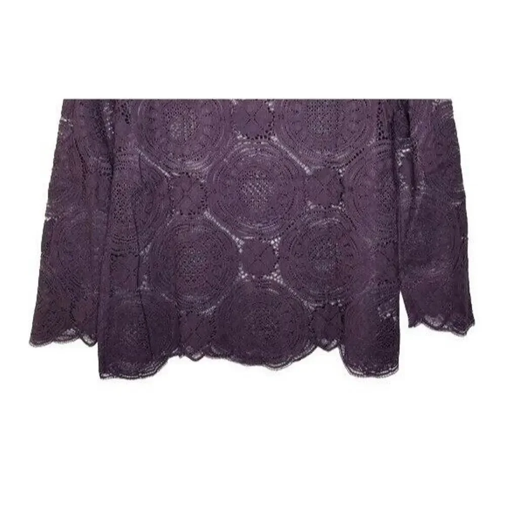 Ann Taylor Sheer Laced Long Sleeve Top Round Neck Key Hole Button XS Plum #4224